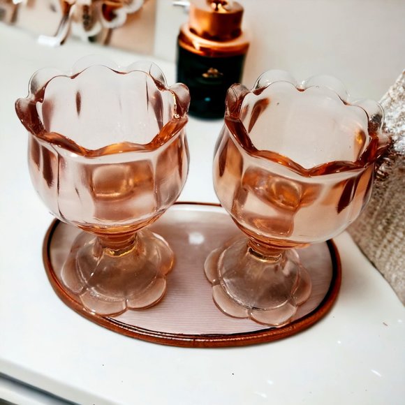 Rare Tulip Shape Pink Glass Candlestick Votive Taper Candle Holders 4-pcs set - Picture 1 of 6